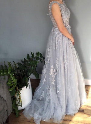 grey blue applique long dress