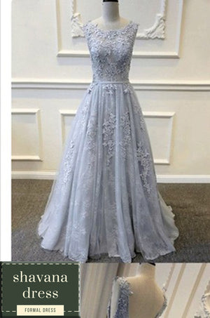 grey blue applique long dress