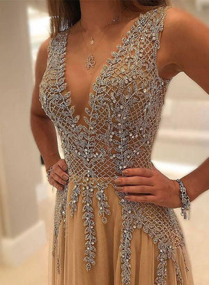 v neck long prom champagne dress