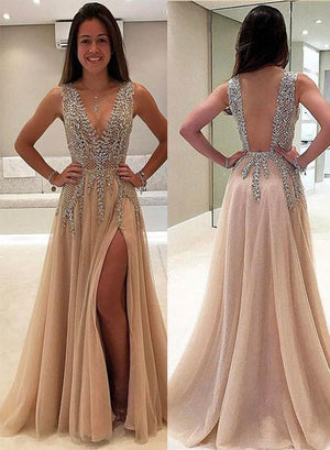 v neck long prom champagne dress